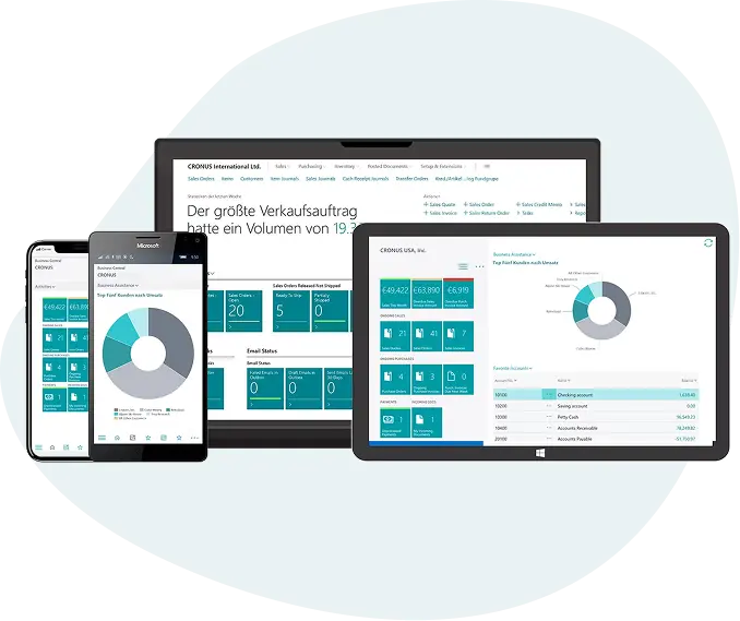 Grafik zeigt mehrere Geräte (Smartphone, Tablet, Laptop), die eine Business-Anwendung mit Verkaufsstatistiken und Diagrammen präsentieren.