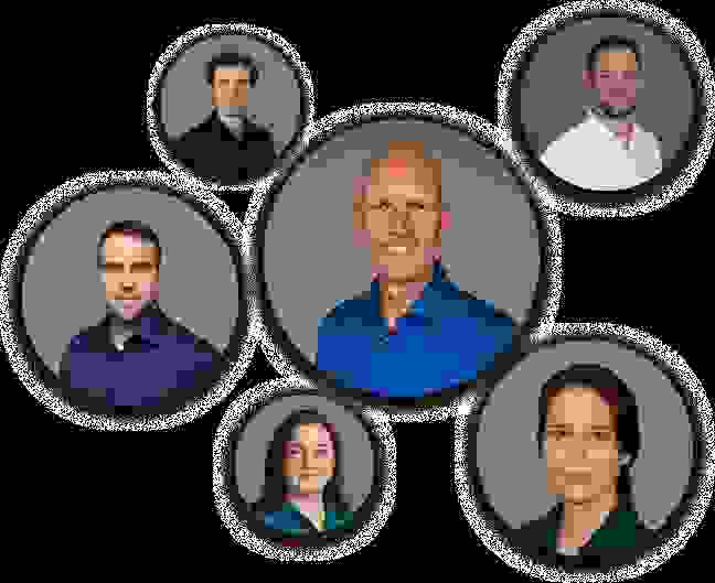 Gruppenfoto von sechs Personen in kreisförmigen Rahmen auf grauem Hintergrund.