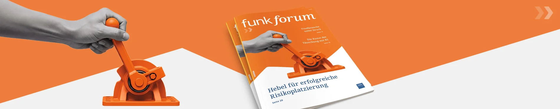 Magazin Funk Forum auf orangenem Hintergrund, eine Hand bedient einen orangenen Hebel